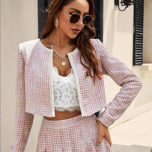 Gingham pattern tweed pleated crop top jacket and skirt set! - Picture 2 of 3